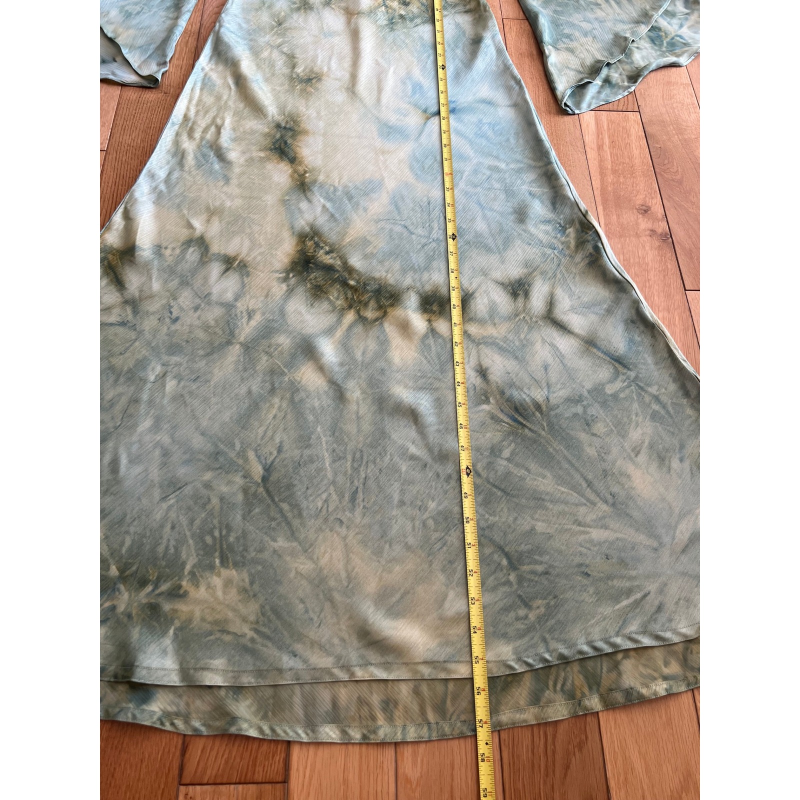 Podur Satin Bell Sleeve Green Tie Dye Maxi Dress Mock Neck Modest Size 12 — image 3 of 8